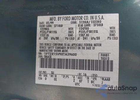 1999 Ford Ranger Xl/Xlt z USA, uszkodzony, nr VIN 1FTZR15V9XTA59600